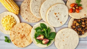Professional overhead flat lay of diverse tortilla varieties including corn, flour, whole wheat, spinach, and legume-based tortillas arranged on neutral wooden surface with soft natural lighting, showing texture and color differences without any text or labels visible