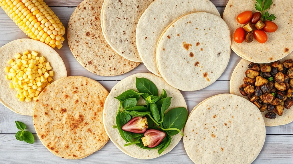 Professional overhead flat lay of diverse tortilla varieties including corn, flour, whole wheat, spinach, and legume-based tortillas arranged on neutral wooden surface with soft natural lighting, showing texture and color differences without any text or labels visible