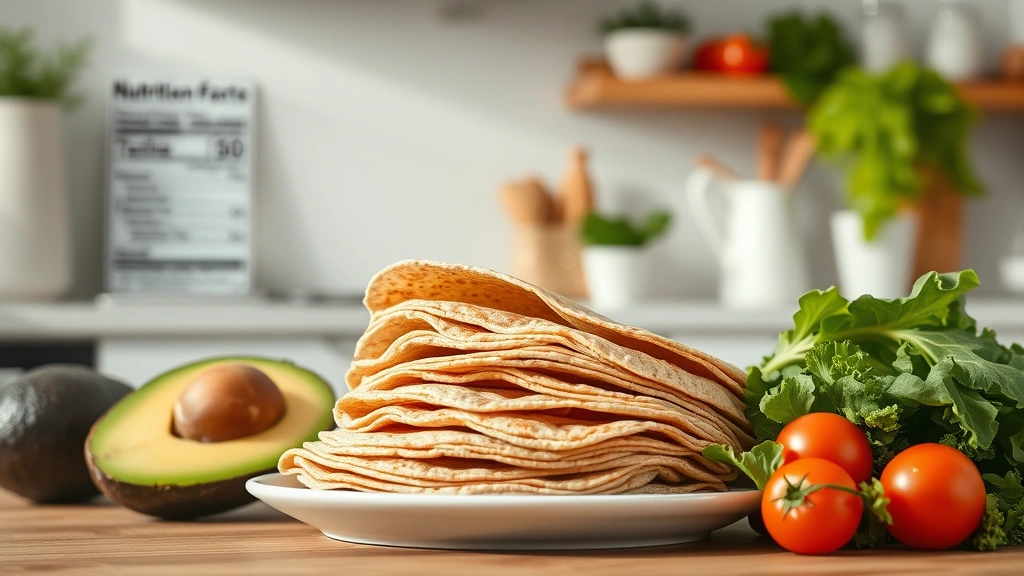 Bright modern kitchen scene showing whole grain tortillas stacked on a plate next to fresh vegetables including avocado, tomatoes, and leafy greens, with a nutrition facts label visible in blurred background, emphasizing healthy meal preparation without processed appearance