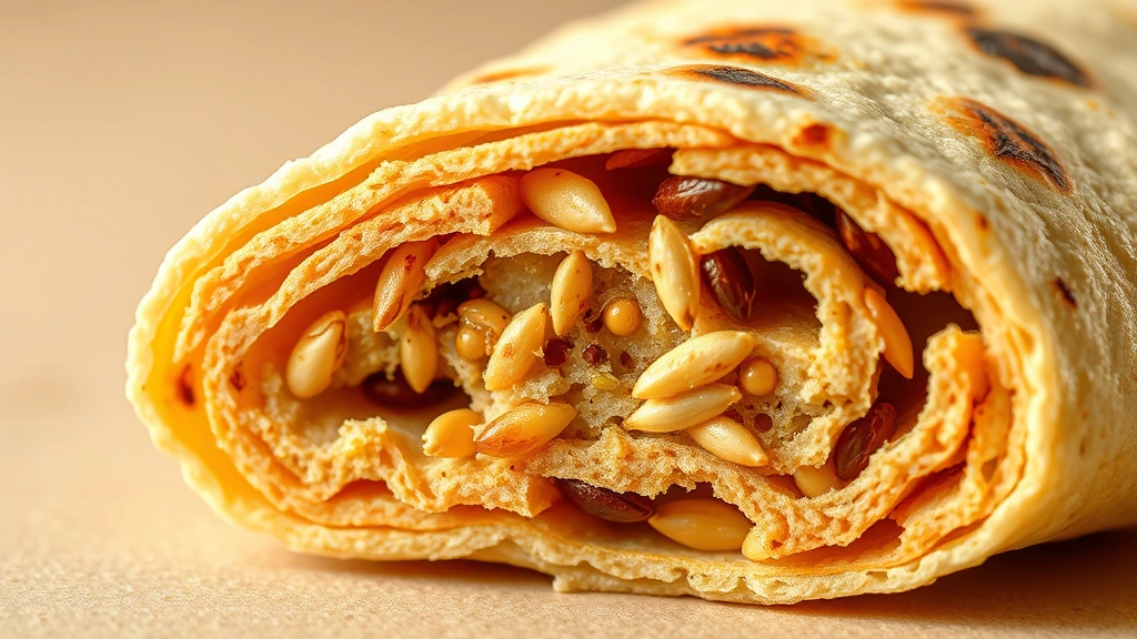 Close-up detailed macro photography of tortilla cross-section showing internal texture and layers, highlighting whole grain varieties with visible seeds and grain particles, warm studio lighting against neutral background, no text or branding elements present