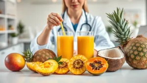 Professional dietitian analyzing tropical fruit smoothie ingredients in modern laboratory setting with fresh mango, pineapple, papaya, and coconut arranged on white surface, natural daylight, close-up macro photography of smoothie texture and fruit cross-sections, no text or labels visible