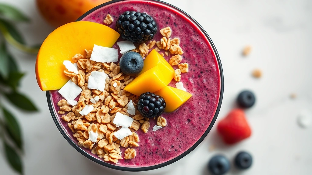 Vibrant tropical smoothie bowl photographed from above with visible layers of acai base, granola texture, coconut flakes, fresh mango pieces, and berries, natural morning light, depth of field focusing on smoothie surface, clean minimalist background, no nutritional labels or text