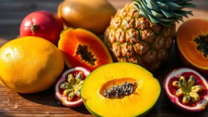 Vibrant tropical fruits including mango, pineapple, papaya, and passion fruit arranged artfully on a wooden surface with water droplets, natural sunlight illuminating fresh produce, professional food photography style, no text or labels visible