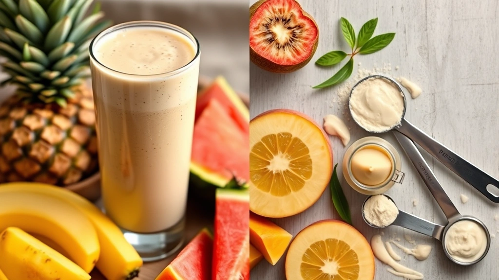 Split composition showing a glass of creamy tropical smoothie on one side and scattered tropical fruits with measuring spoons and protein powder on the other side, nutritious meal preparation aesthetic, warm professional lighting, no nutritional labels or text visible