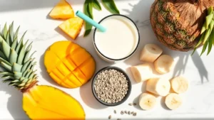 Overhead flat lay of tropical smoothie ingredients: fresh mango slices, pineapple chunks, coconut milk in glass, chia seeds in small bowl, protein powder container, frozen banana slices on marble surface with natural sunlight, vibrant and appetizing composition