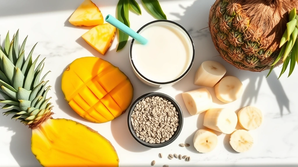 Overhead flat lay of tropical smoothie ingredients: fresh mango slices, pineapple chunks, coconut milk in glass, chia seeds in small bowl, protein powder container, frozen banana slices on marble surface with natural sunlight, vibrant and appetizing composition