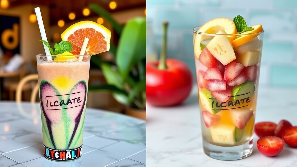 Split-screen comparison: left side shows colorful commercial tropical smoothie drink in café cup with straw and garnish, right side shows homemade version in clear glass with visible whole ingredients, both photographed identically to emphasize differences