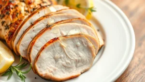 Close-up of cooked turkey breast sliced on a white ceramic plate with fresh herbs and lemon garnish, professional food photography style, bright natural lighting highlighting the meat's texture and color