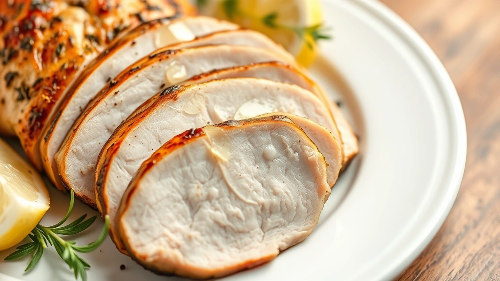 Close-up of cooked turkey breast sliced on a white ceramic plate with fresh herbs and lemon garnish, professional food photography style, bright natural lighting highlighting the meat's texture and color