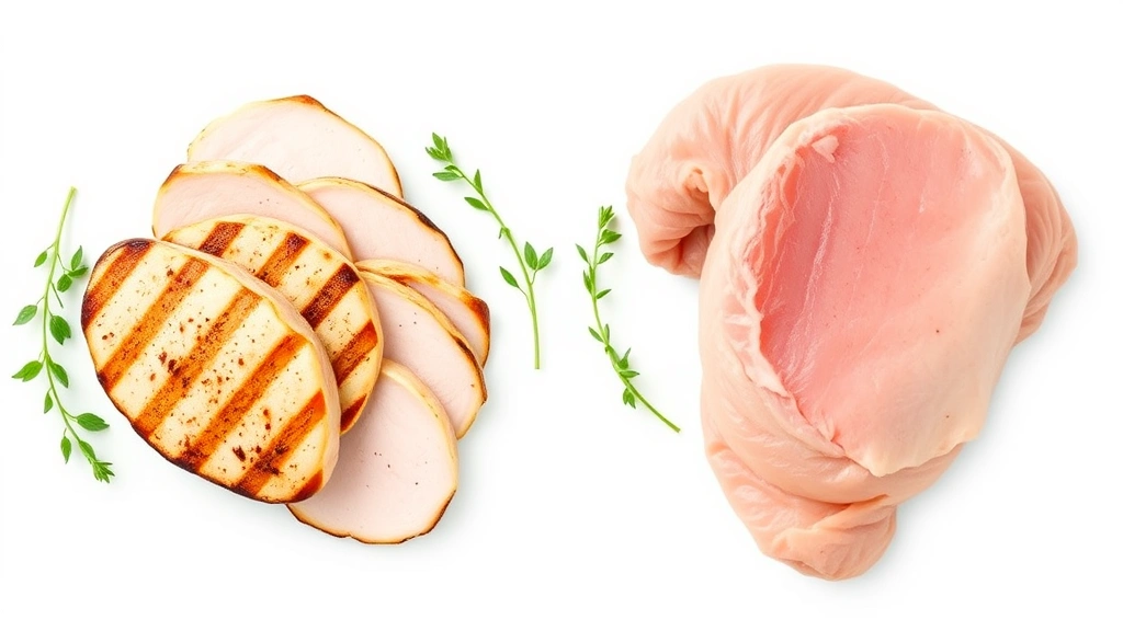 Split-screen comparison showing grilled turkey breast fillets on one side and a fresh raw turkey breast on the other, with nutritional value indicators subtly displayed, clean white background