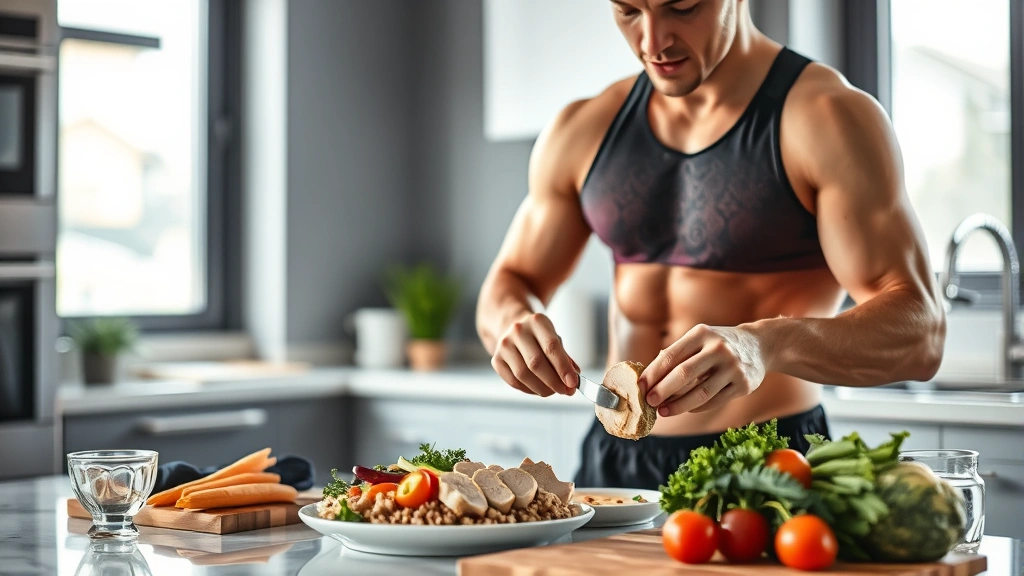 Athletic individual preparing a healthy meal with turkey breast, brown rice, and colorful vegetables in a modern kitchen, emphasizing preparation and nutrition consciousness, natural window lighting