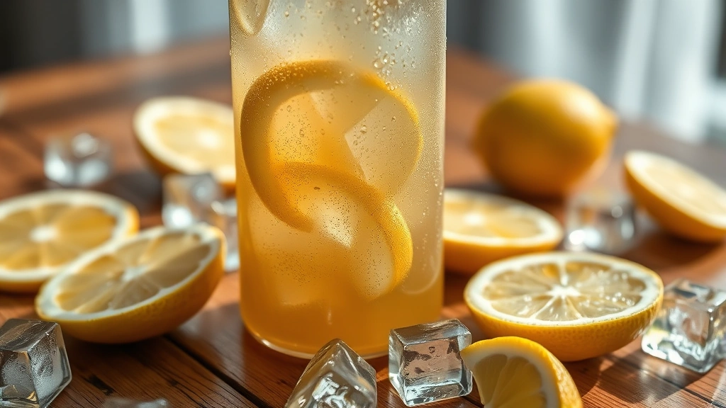 Close-up of condensation-covered Twisted Tea can on wooden table with fresh lemon slices and ice cubes scattered around, natural daylight streaming across beverage surface