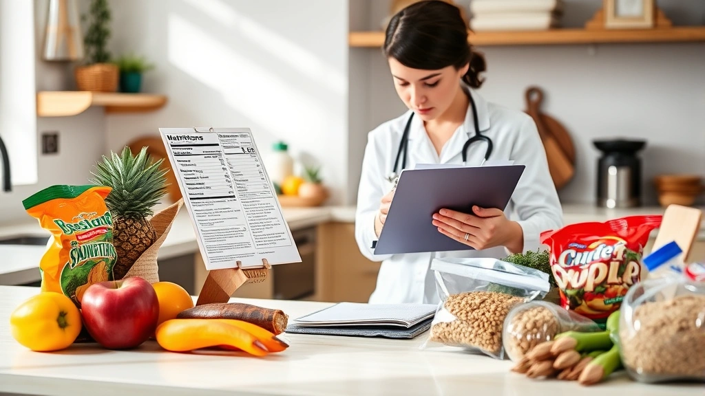 Registered dietitian reviewing nutrition labels and packaged snack foods on a bright kitchen counter, holding a clipboard with analytical notes, surrounded by fresh produce and whole grain products for comparison