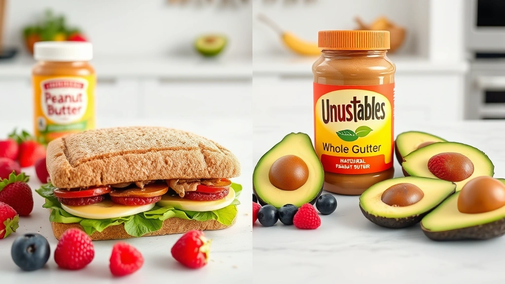Split-screen comparison showing Uncrustables sandwich next to fresh ingredients—whole grain bread, natural peanut butter jar, fresh berries, and avocado—representing healthier alternatives on a clean white kitchen surface
