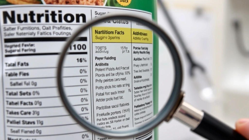 Close-up of nutrition facts labels and ingredient lists being examined with magnifying glass, highlighting sugar content and additives in processed snack foods, professional medical office setting
