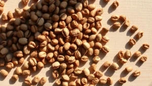 Close-up overhead shot of dried vaal beans scattered on light wooden surface with natural sunlight casting shadows, showing individual bean textures and colors