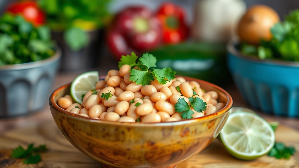Vibrant bowl of cooked vaal beans in creamy beige color, garnished with fresh cilantro and lime wedge, styled on rustic kitchen counter with blurred vegetables background