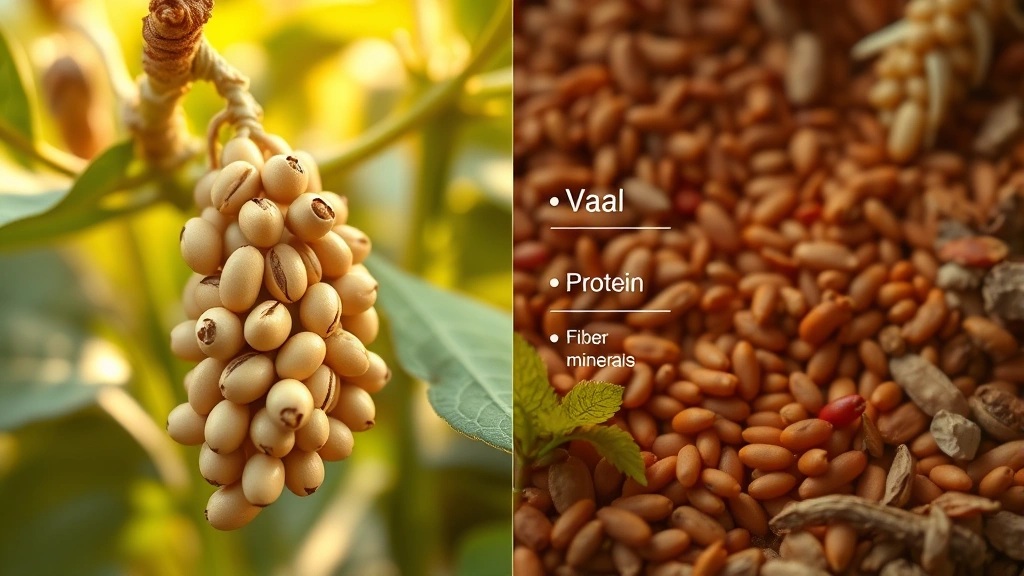 Split-screen nutritional comparison visualization showing vaal beans on left with health markers (protein, fiber, minerals) glowing, plant-based lifestyle imagery, warm natural lighting