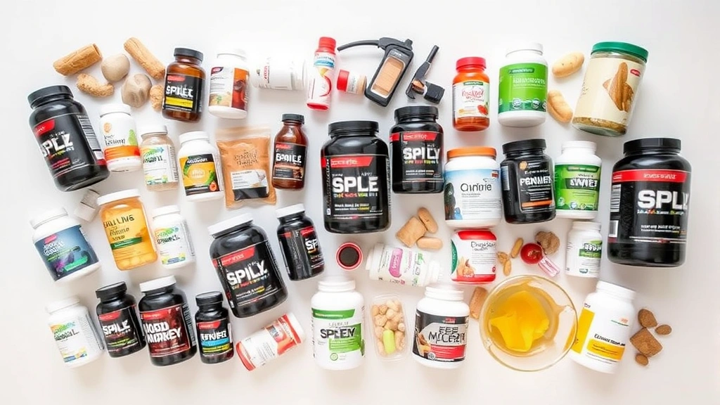 Overhead flat lay of various supplement bottles and protein powder containers arranged on a clean white surface, showing diversity of nutrition products available at discount retailers, professional product photography style, natural lighting