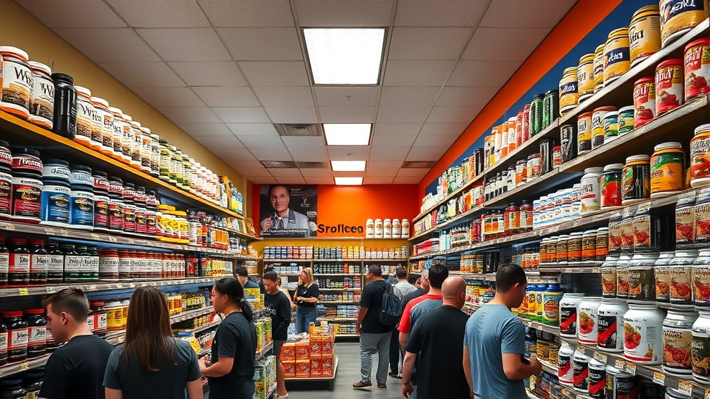 Busy Las Vegas supplement store interior with shelves stocked with colorful nutrition product bottles, customers browsing aisles, bright fluorescent lighting, authentic retail environment without visible signage or text