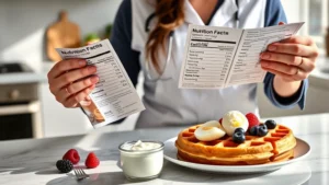 Nutritionist reviewing frozen waffle nutrition labels with fresh berries, eggs, and Greek yogurt on modern kitchen counter, natural morning lighting, analytical focus