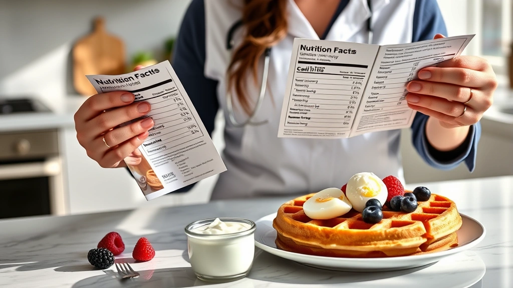 Nutritionist reviewing frozen waffle nutrition labels with fresh berries, eggs, and Greek yogurt on modern kitchen counter, natural morning lighting, analytical focus