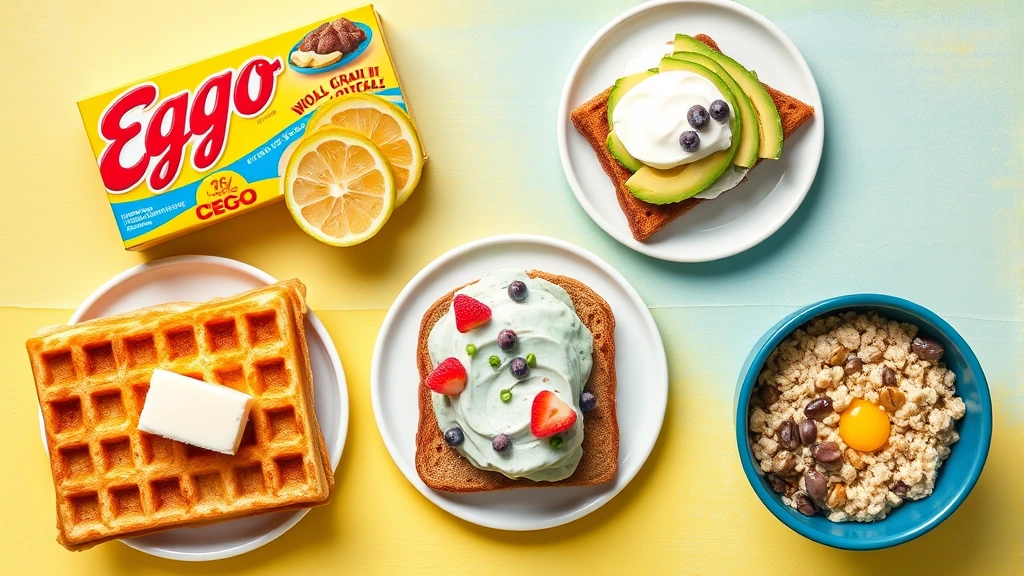 Colorful breakfast comparison spread showing Eggo waffles alongside whole grain toast with avocado, Greek yogurt parfait, and steel-cut oatmeal bowls