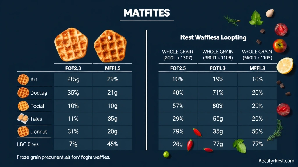 Digital nutrition analysis chart displaying macronutrient composition of frozen waffles versus whole grain alternatives with fresh ingredients scattered around