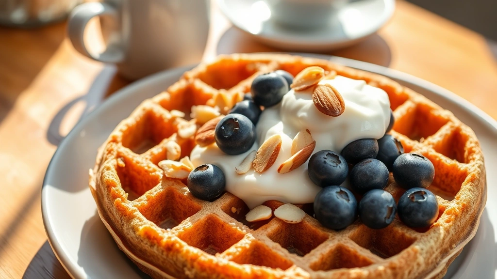 Close-up of a golden-brown whole grain waffle topped with fresh blueberries, sliced almonds, and Greek yogurt on a white ceramic plate, natural morning light streaming across the table with coffee cup visible