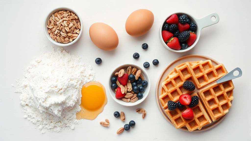 Flat lay arrangement showing ingredients for healthy waffles: whole wheat flour, eggs, fresh berries, nuts, honey drizzle, and measuring cups on a light wood surface with minimalist styling