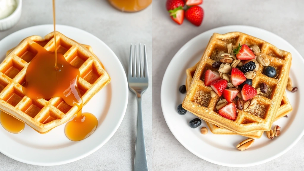Split-screen comparison: traditional waffle with syrup on left side versus healthy whole grain waffle with fresh fruit and nuts on right side, both on matching white plates for visual contrast