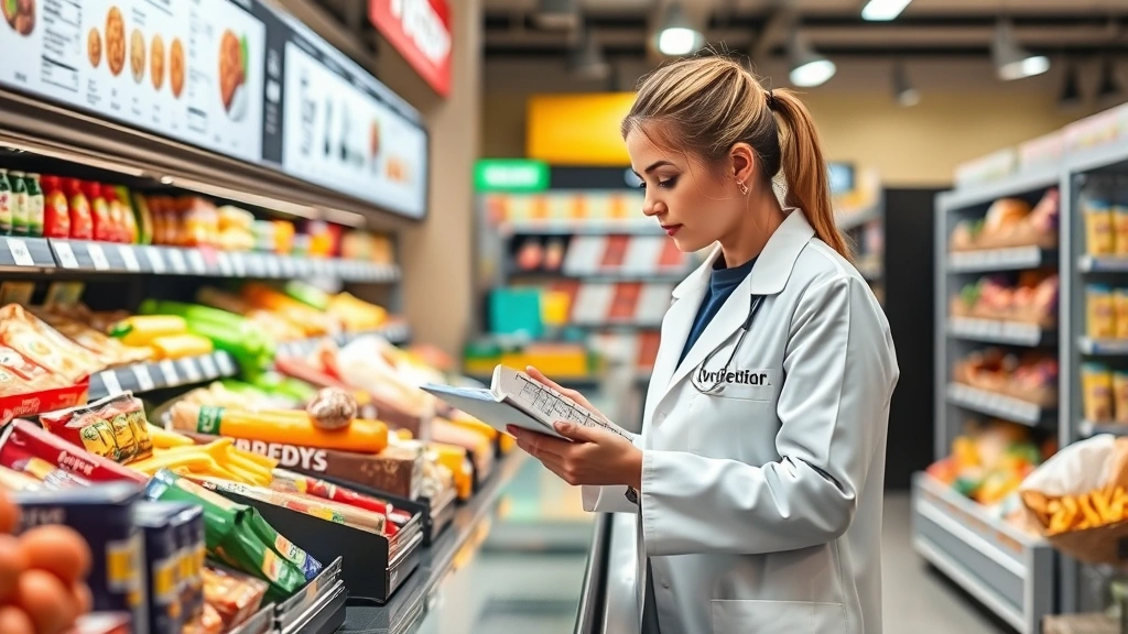Professional dietitian in white coat reviewing nutrition labels and menu items at a modern convenience store counter, analyzing food products with measurement tools and nutritional data charts visible