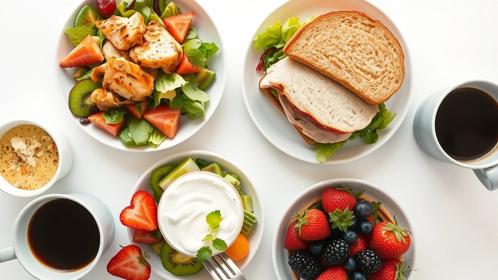 Bright overhead view of healthy convenience store meal options including grilled chicken salad, turkey sandwich on whole wheat, Greek yogurt, fresh fruit, and black coffee arranged on white surface