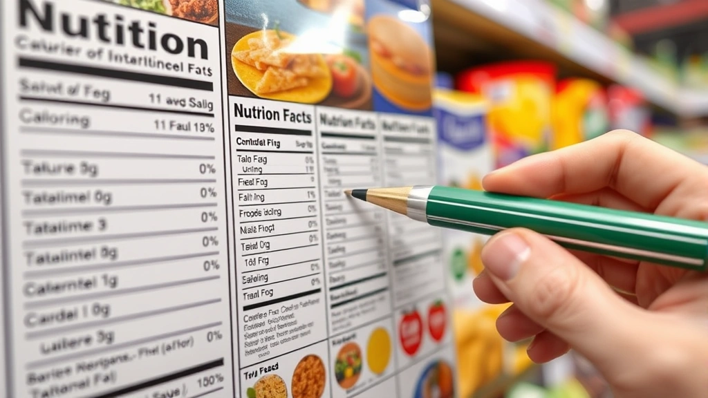 Close-up of nutrition fact labels and calorie information on various packaged foods at convenience store, showing macronutrient breakdowns with healthcare professional's pen pointing to key nutritional values