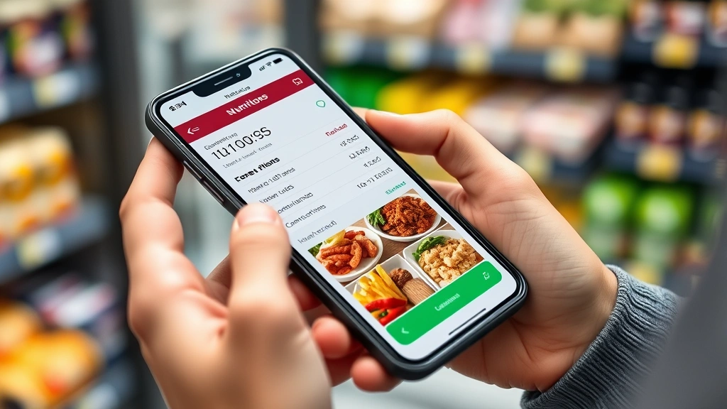 Close-up of person's hands using smartphone with nutrition app interface showing calorie counts and macro breakdowns for convenience store meal options, modern minimalist design aesthetic