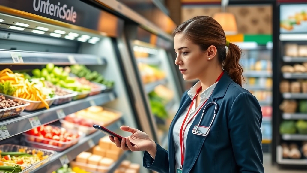 Registered dietitian nutritionist in professional attire reviewing colorful prepared salads and fresh sandwich ingredients displayed in modern convenience store refrigerated case