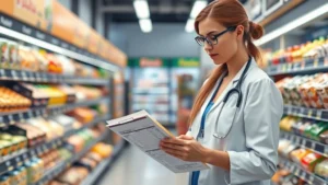 Professional dietitian reviewing nutrition labels at a modern convenience store, holding a clipboard with meal plans, bright natural lighting, photorealistic style showing diverse food options in background