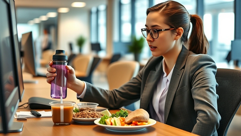 Busy professional eating strategically-selected Wawa meal at desk with water bottle, showing balanced plate composition with whole grains, lean protein, and vegetables, modern office environment, candid photorealistic style