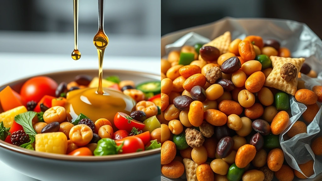 Split-screen comparison showing vibrant Mediterranean meal bowl with olive oil drizzle, fresh vegetables and legumes on left side, contrasted with processed ultra-processed snack foods on right side, clinical lighting, health education style