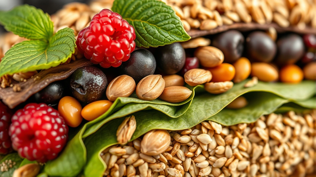 Close-up macro photography of layered healthy food cross-section showing nutritional density: berries with visible seeds, leafy green texture, legume varieties, nuts, and whole grains arranged artistically, warm natural lighting