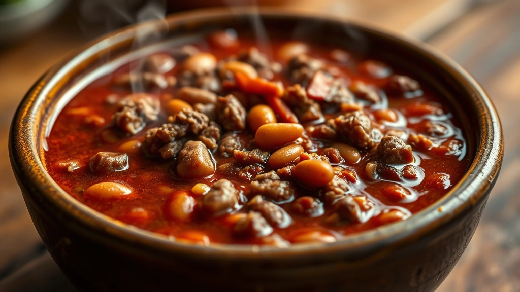 Close-up of steaming bowl of chili with visible beans and ground meat, professional food photography, warm lighting, shallow depth of field, rustic ceramic bowl on wooden surface, no text or labels visible