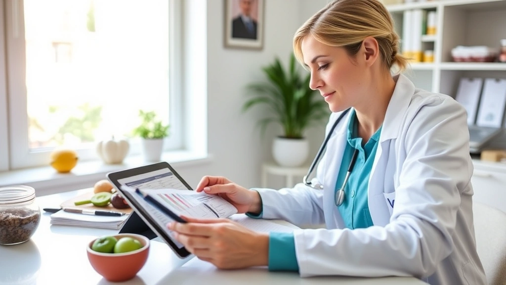Registered dietitian reviewing nutrition labels and food charts at desk with tablet and documents, professional healthcare setting, natural window lighting, organized workspace with healthy food items, no visible screen text
