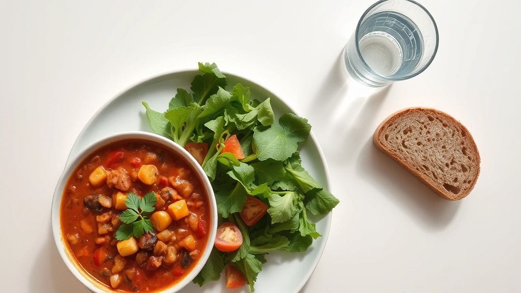 Overhead shot of balanced meal plate with chili bowl, fresh green salad, whole grain bread, and water glass on modern white table, bright natural lighting, minimalist food styling, no nutritional labels or text visible