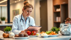 Professional dietitian or nutritionist reviewing meal components on a table with clipboard and food items, warm clinical lighting, focused analytical expression, modern healthcare setting