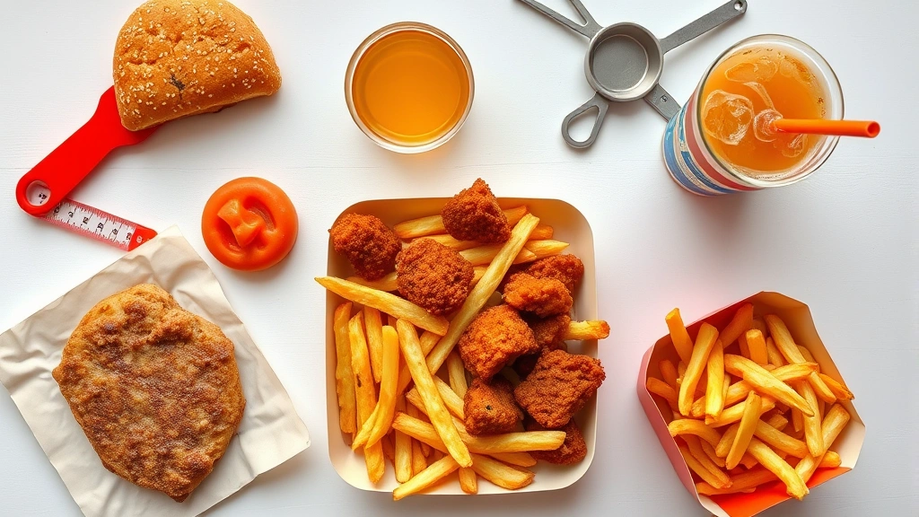 Vibrant flat lay of fast-food meal components separated by type—protein, fried carbohydrates, beverage—on clean white surface with measuring tools, natural daylight from above, nutritional comparison aesthetic