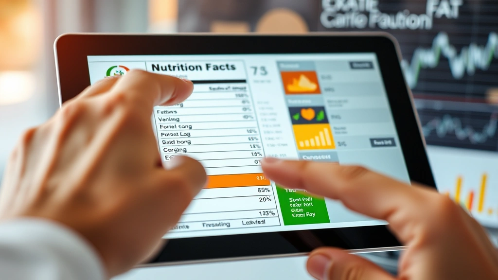 Close-up of nutrition label or food composition breakdown displayed on tablet or digital interface, hands pointing to data, modern healthcare technology environment, graphs and charts visible