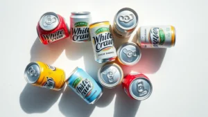Overhead flat lay of colorful White Claw cans on a bright minimalist surface with condensation droplets, natural daylight, photorealistic beverage photography, no text visible