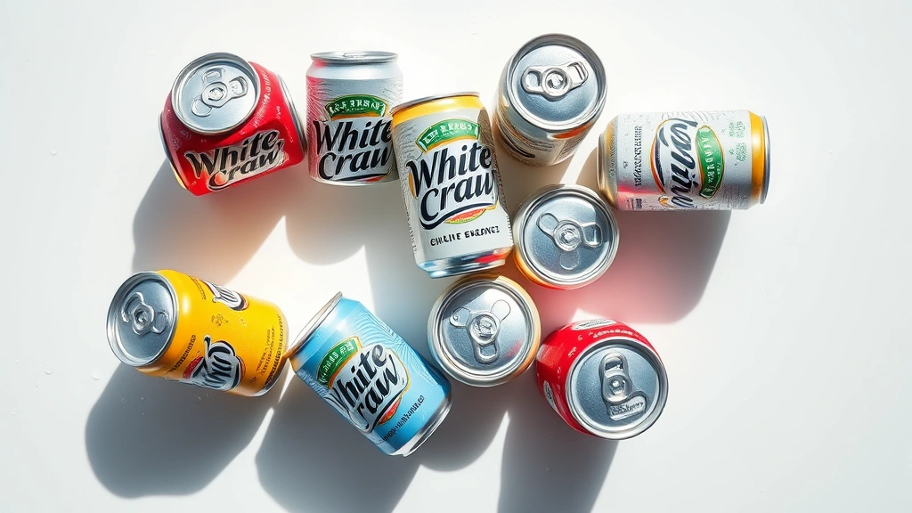 Overhead flat lay of colorful White Claw cans on a bright minimalist surface with condensation droplets, natural daylight, photorealistic beverage photography, no text visible