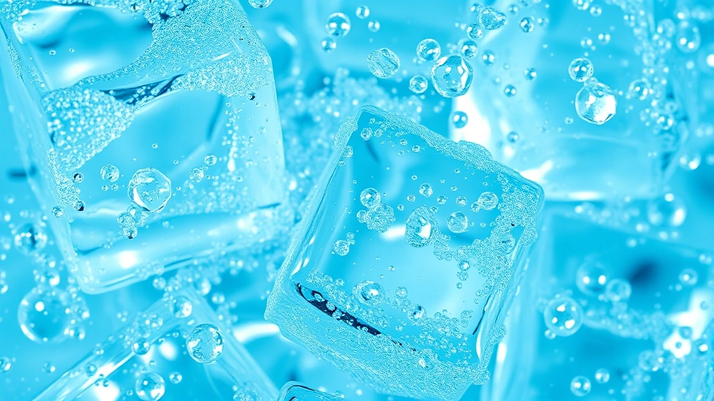 Close-up macro shot of ice cubes in sparkling water with carbonation bubbles rising, bright and fresh aesthetic, photorealistic beverage detail, no labels or text