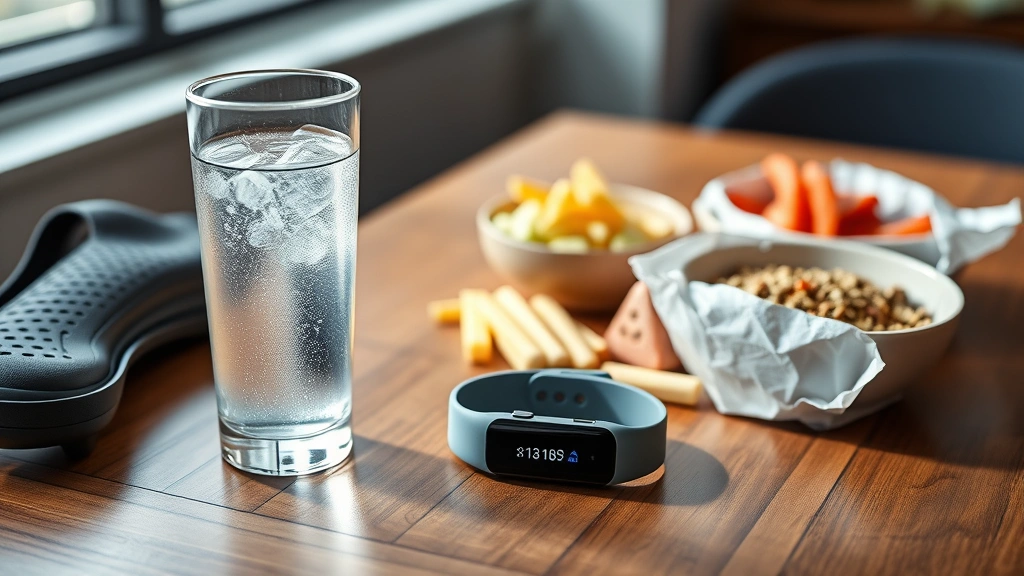 Modern fitness-focused scene showing a glass of sparkling water next to fitness tracker and healthy snacks on a wooden table, natural lighting, photorealistic lifestyle photography, no visible text or screens